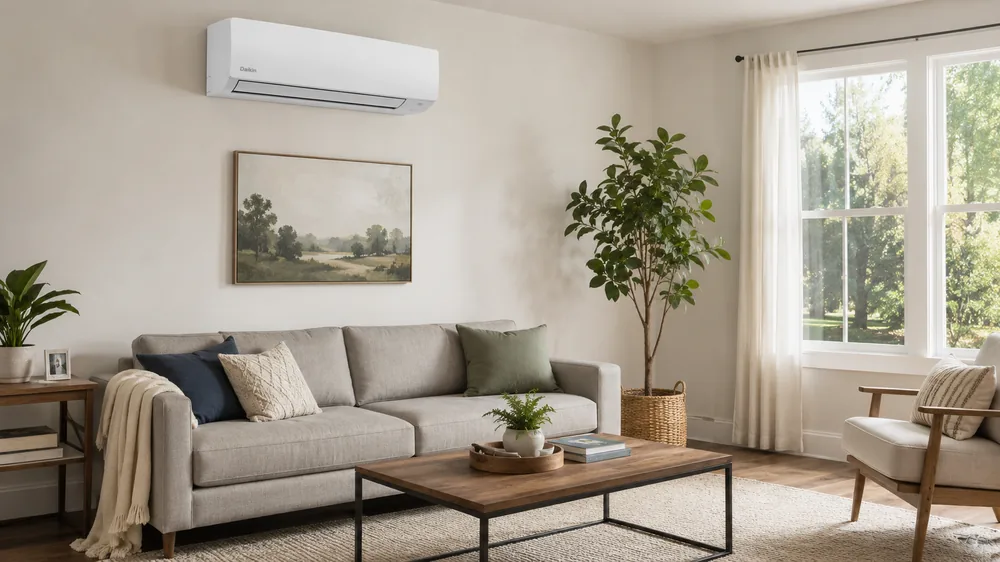 Ductless heat pump indoor unit installed clean and level on a living room wall by Pro West