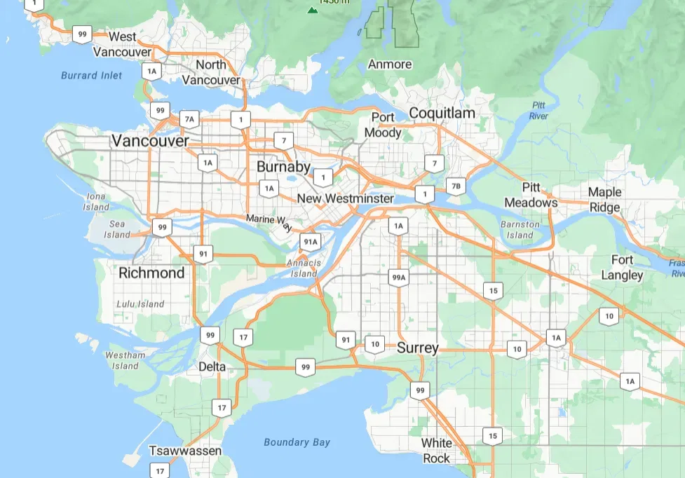 Map of Pro West's service area across Greater Vancouver and the Lower Mainland